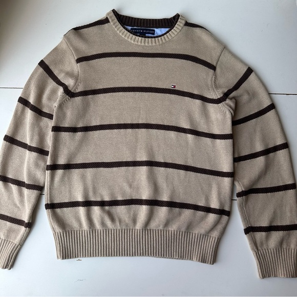 Tommy Hilfiger Pullover Sweater beige brown striped unisex size M - Picture 1 of 11